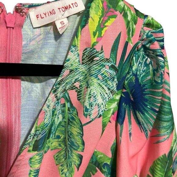 Flying Tomato B-Neck Wrap Tropic Leaf Leaves Print Dress with Puff Short Sleeves - Picture 9 of 11